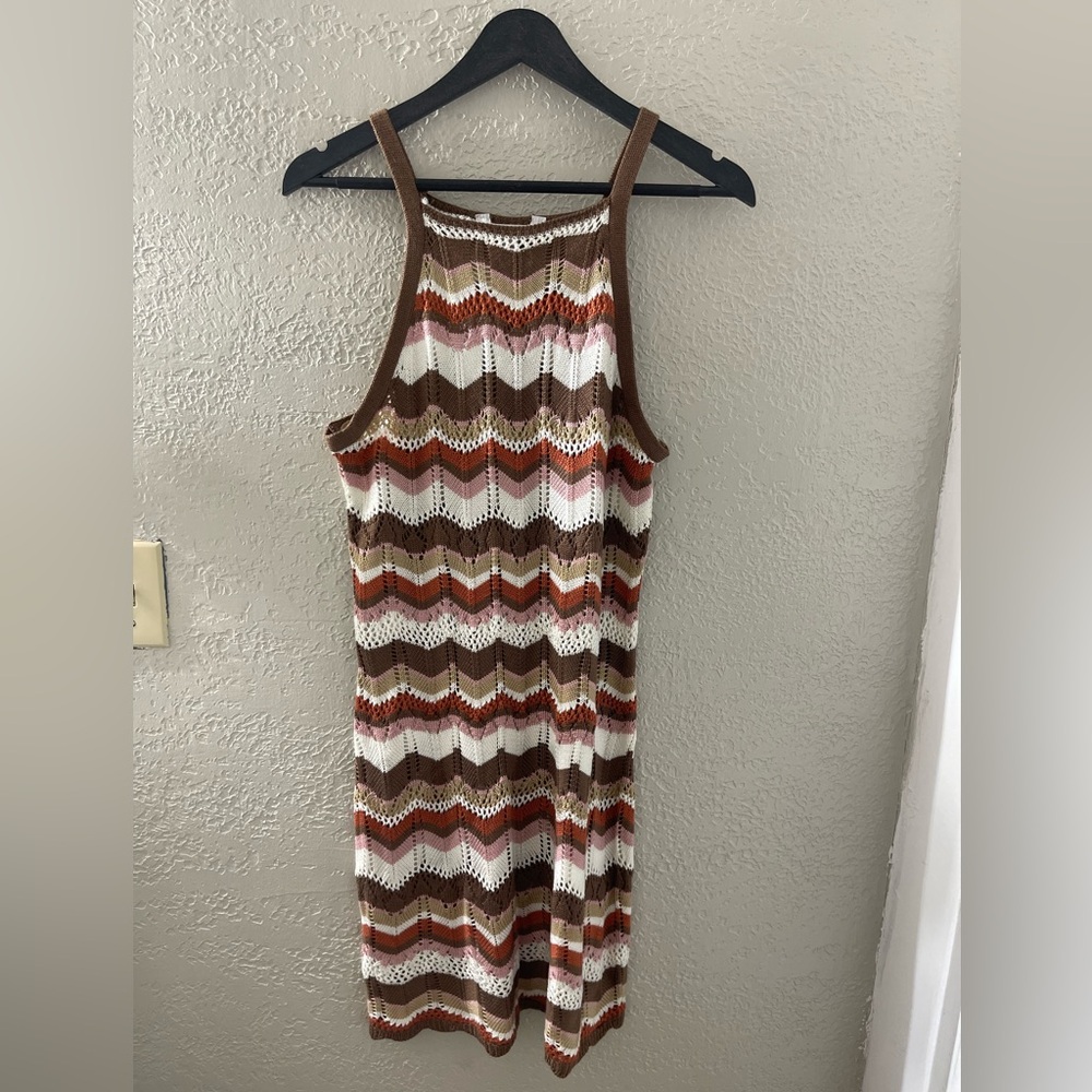 No Boundaries Chevron Knit‎ Midi Sleeveless Crochet Dress Earthy Brown Colors XL